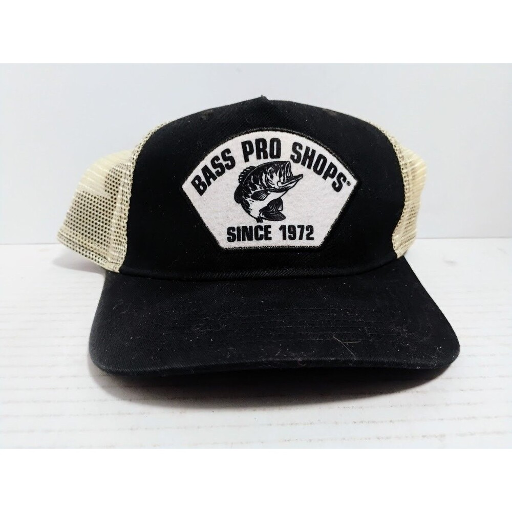 BASS PRO SHOPS GONE FISHING SNAPBACK MESH TRUCKER CAP HAT BLACK GREY